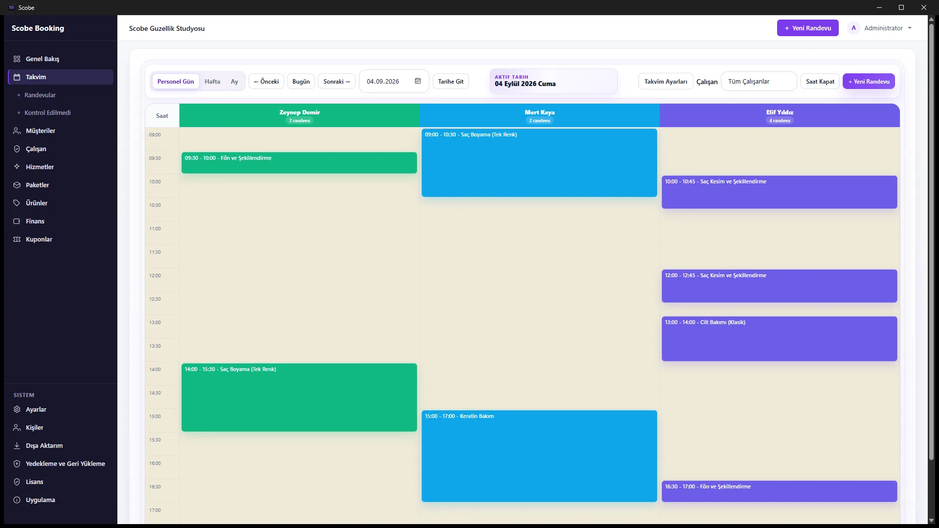 Scobe Desktop staff-day calendar with color-coded appointments in a demonstration salon.